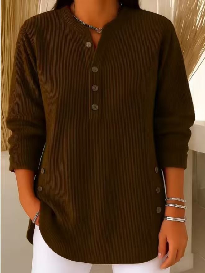 Corduroy V-Neck Button Long-Sleeve Loose Casual Top