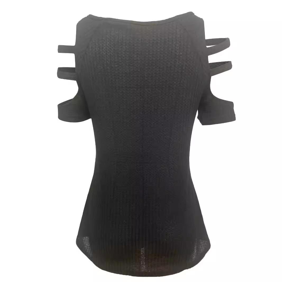 Women's Off-Shoulder Short Sleeve Top with Zipper and V-Neck