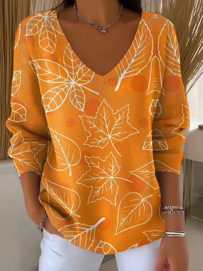 Colorful Leaf Striped V-Neck Long-Sleeve T-Shirt for Women