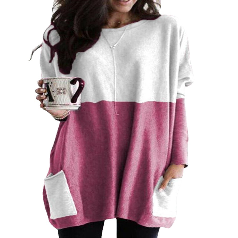 Women's Crewneck Long Sleeve Colorblock T-Shirt with Pocket