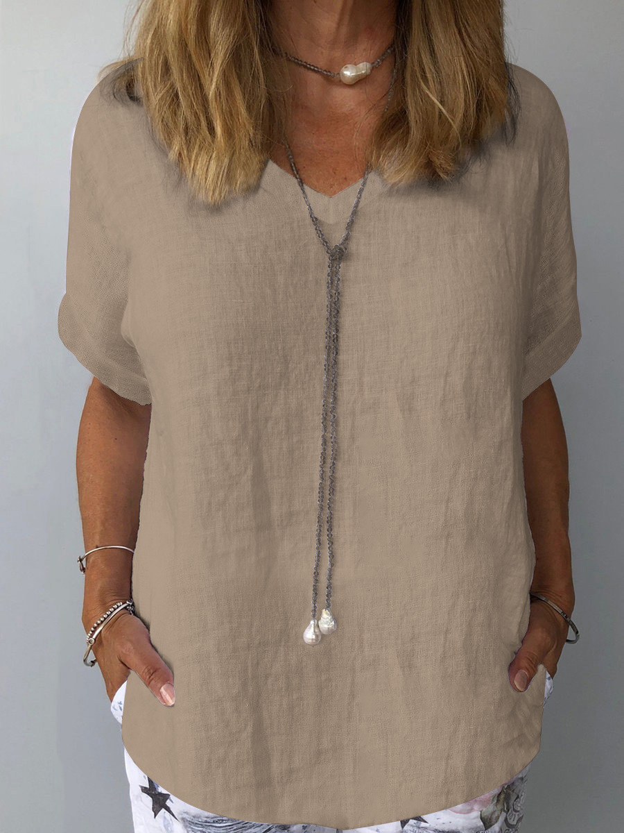 Women's Loose Fit Short Sleeve Printed Cotton Linen T-Shirt