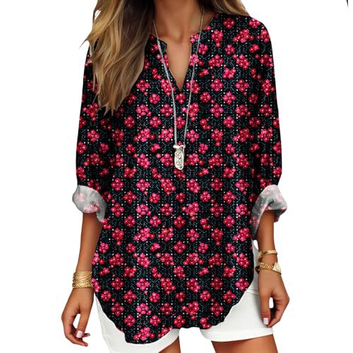 Women's Floral Polka Dot Print V-Neck Long Sleeve T-Shirt