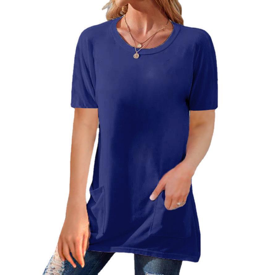 Women's Loose Fit Crewneck Short Sleeve Pocket Solid Midi T-Shirt