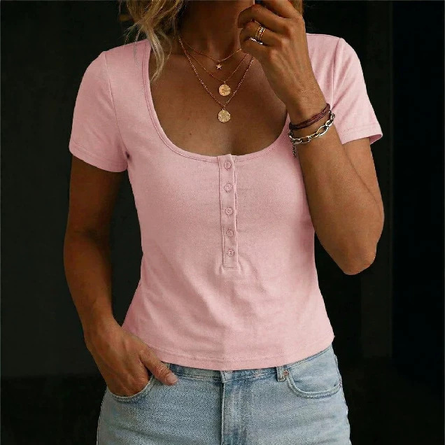 Women's Slim Fit Square Neck Half-Button Short Sleeve Crop Top