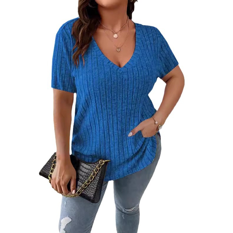 Women's Plus Size Ribbed V-Neck Short Sleeve Top