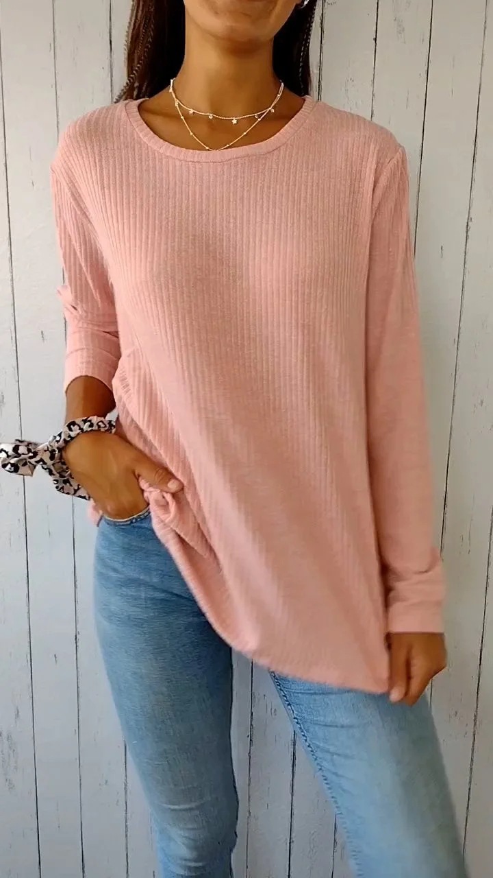 Ribbed Knit Button-Detail Crewneck Long-Sleeve Top
