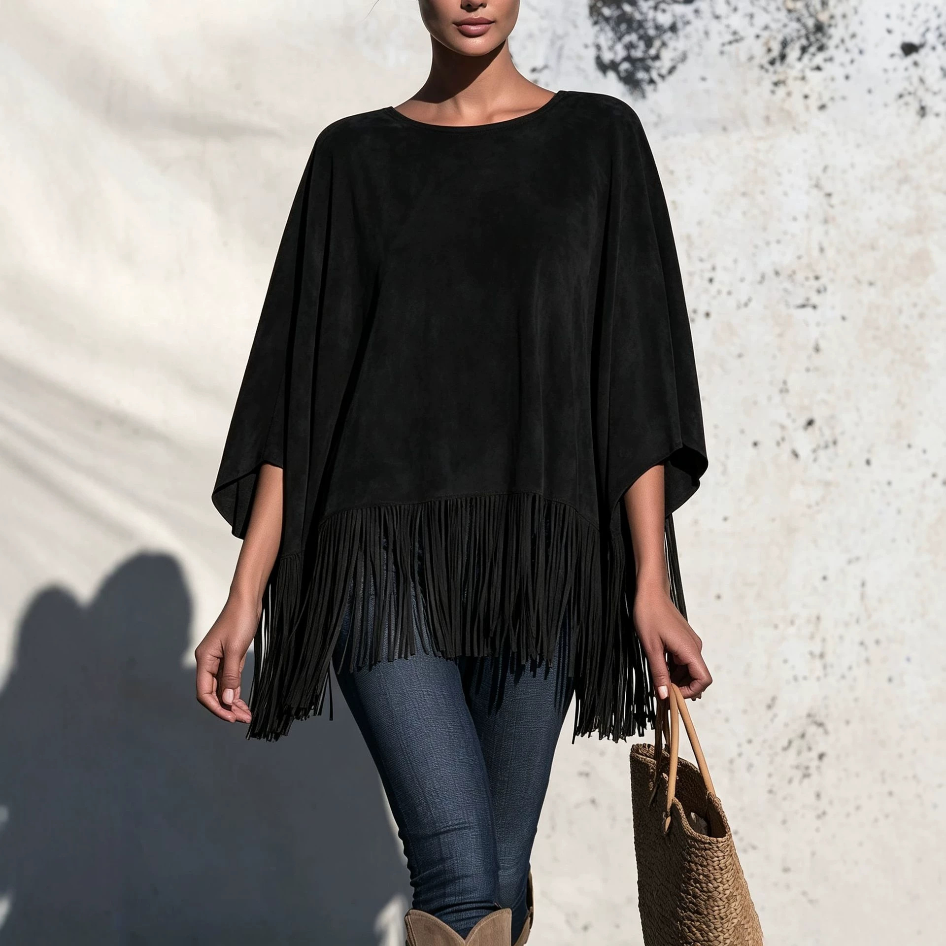 Women's Loose Crewneck Fringe T-Shirt Casual Solid Color
