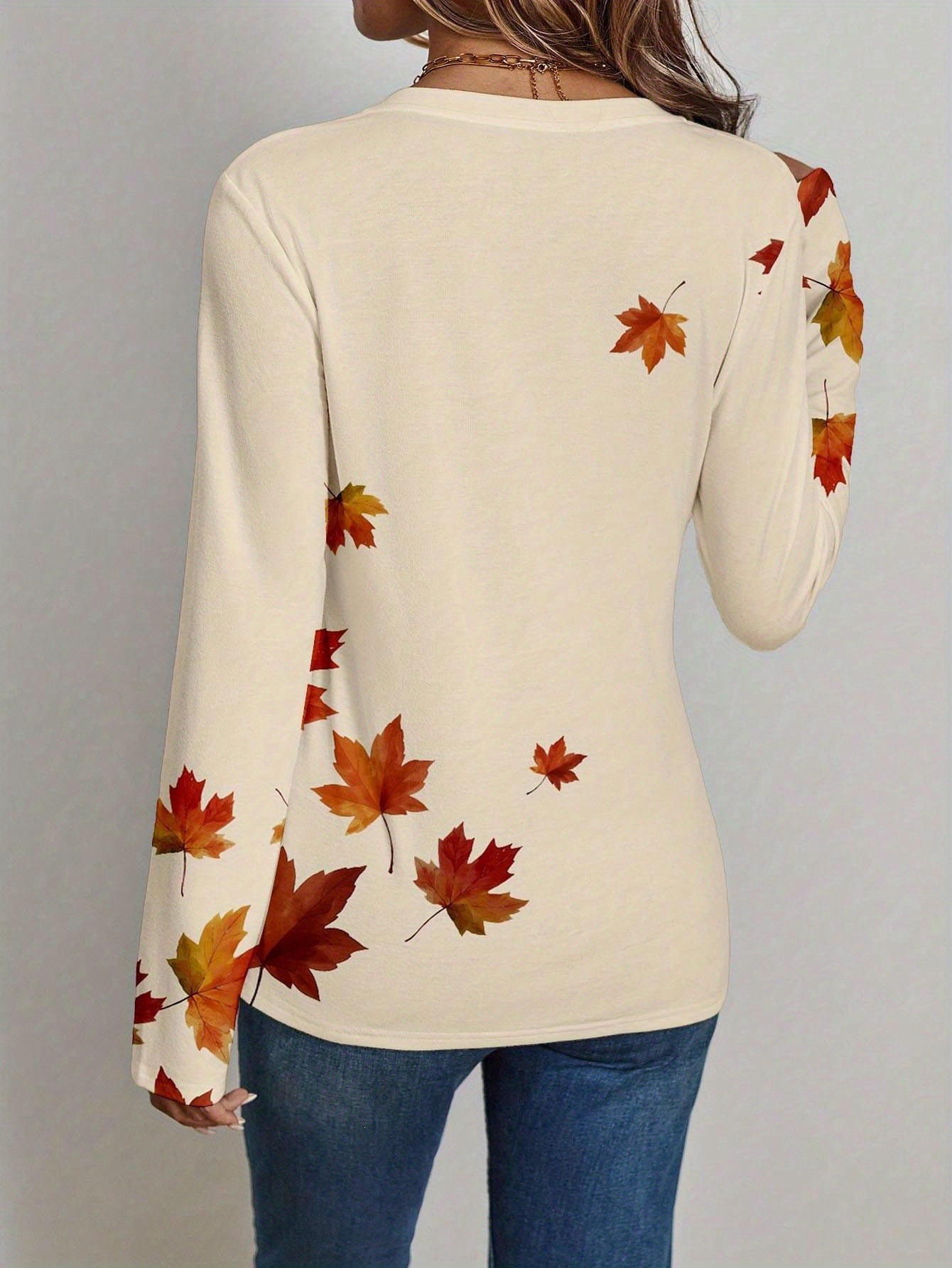 Maple Leaf Print V-Neck Long Sleeve Casual T-Shirt