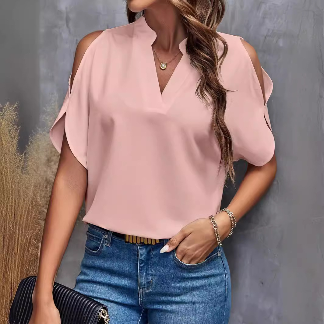 Women's Solid V-Neck Cold-Shoulder Short-Sleeve Top