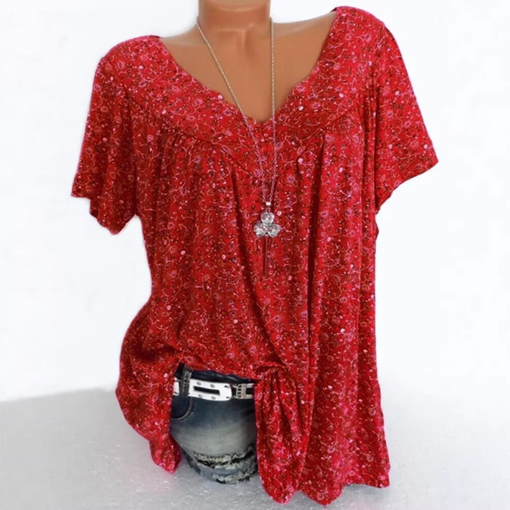 V-Neck Loose Short Sleeve Printed T-Shirt