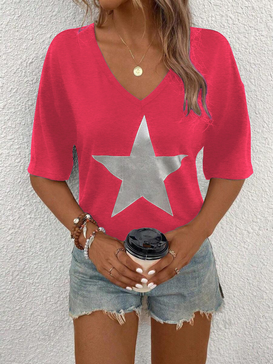 Women's V-Neck Short Sleeve T-Shirt Casual Loose Fit Top