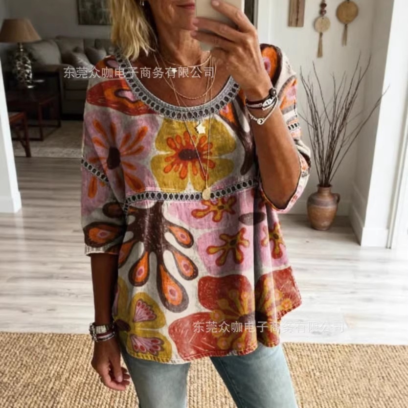 3D Floral Print Crewneck Half-Sleeve Ruched Top