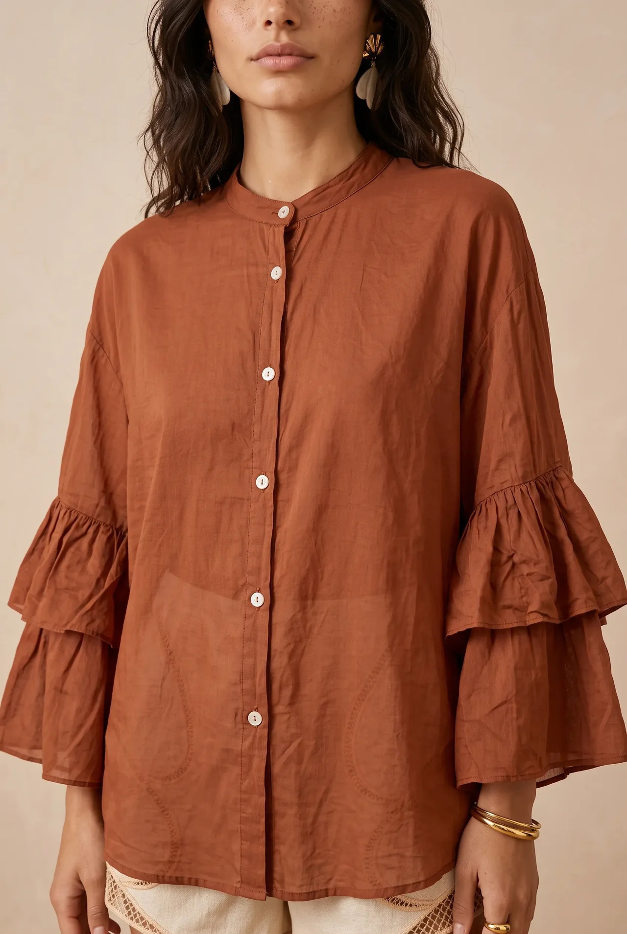 Women's Solid Color Stand Collar Button Double-Layer Bell Sleeve Loose Casual Shirt