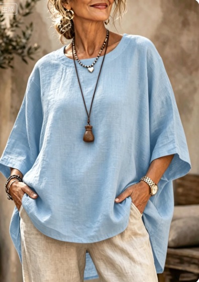 Women's Loose Round Neck Solid Cotton Linen 3/4 Sleeve Top