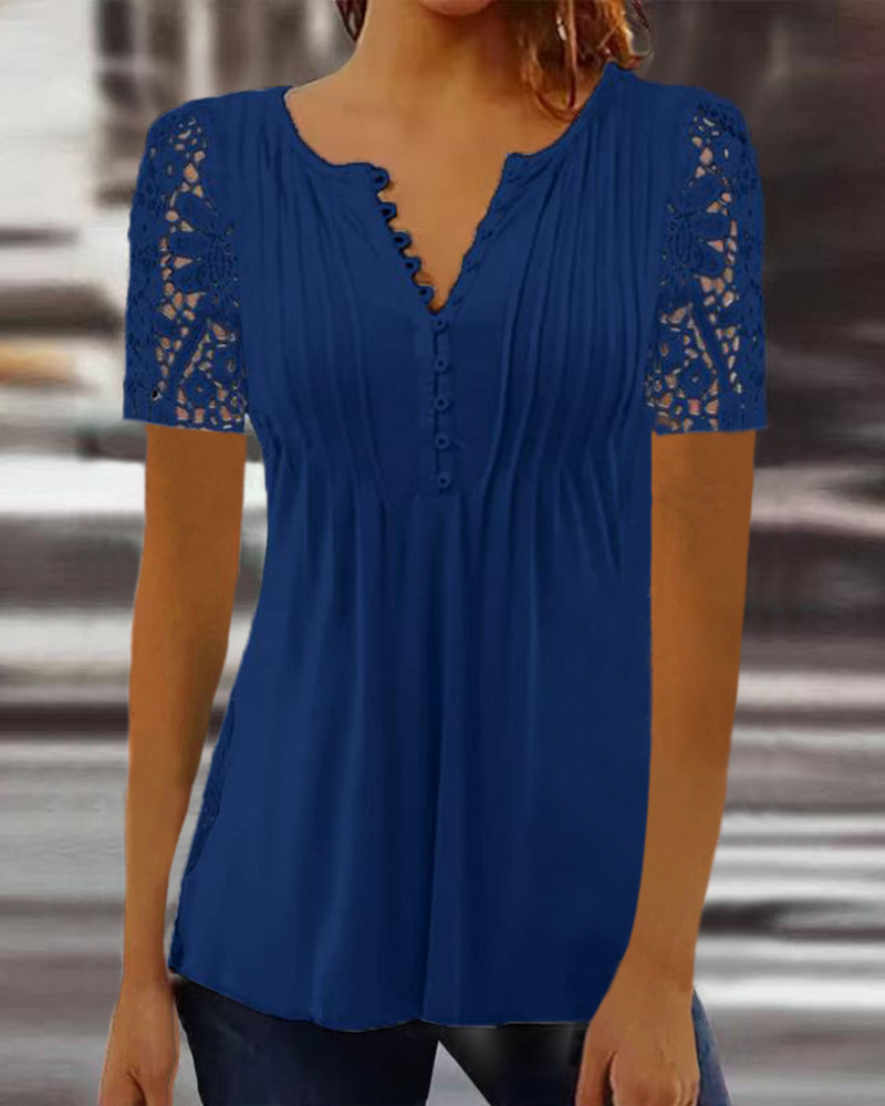 Women's Lace Trim Pleated Solid Button T-Shirt