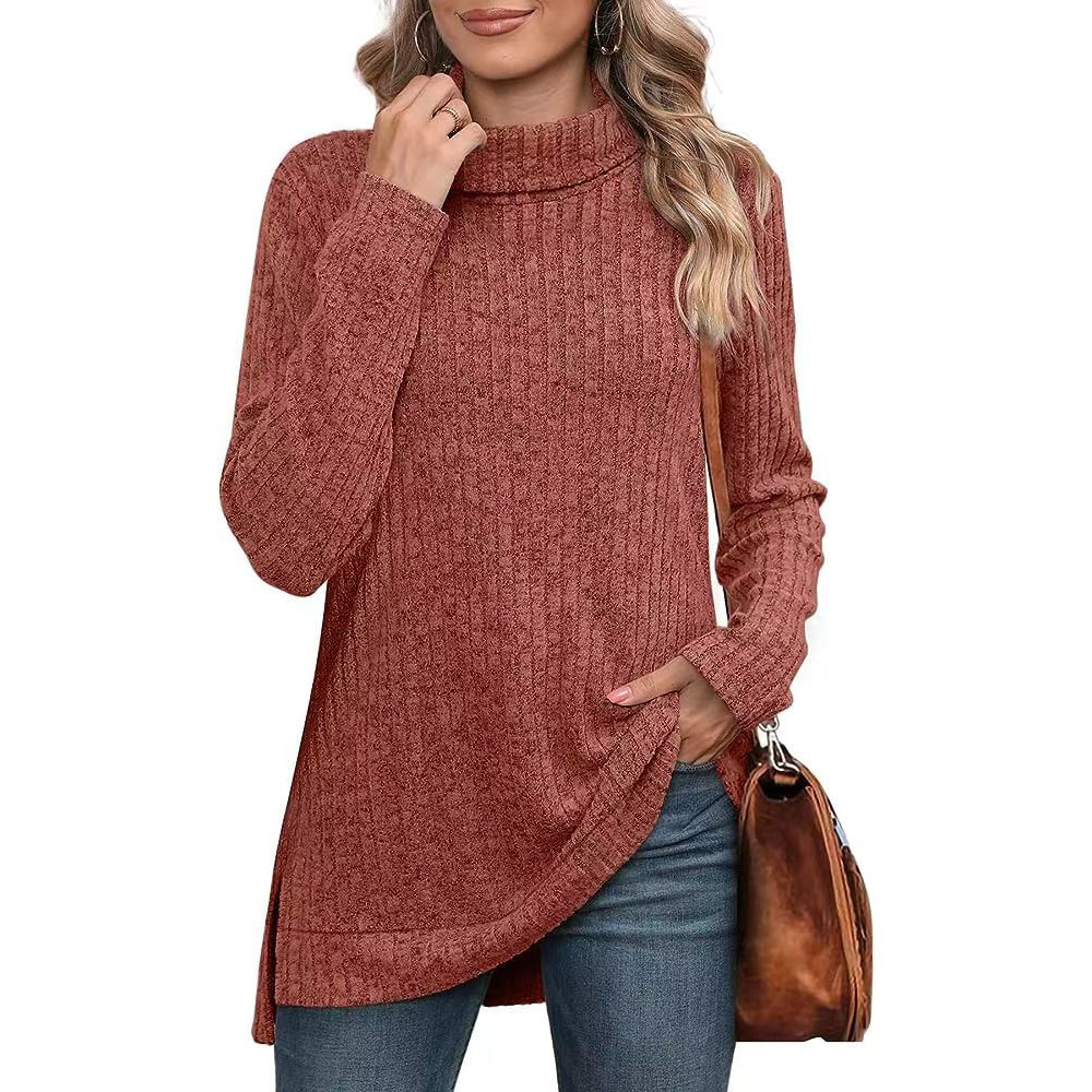 Women's Solid High Neck Slit Ribbed Loose Long Sleeve Top