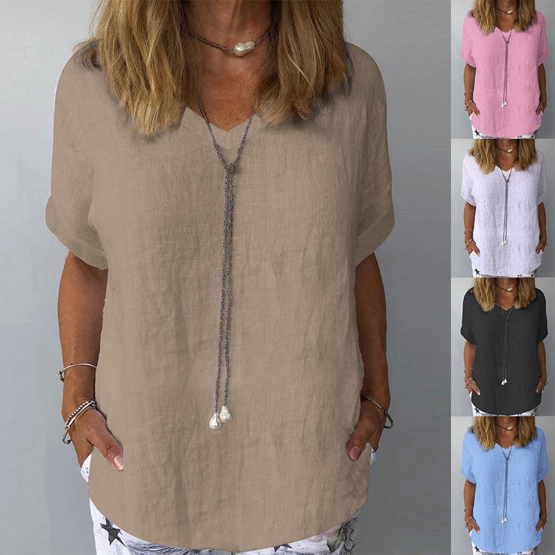Women's Loose Fit Short Sleeve Printed Cotton Linen T-Shirt