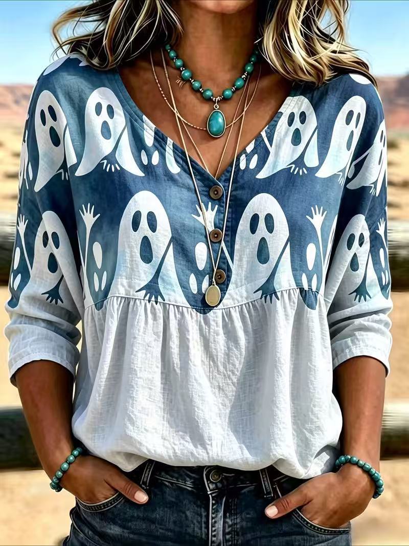 Halloween Ghost Print V-Neck Short Sleeve Women's T-Shirt