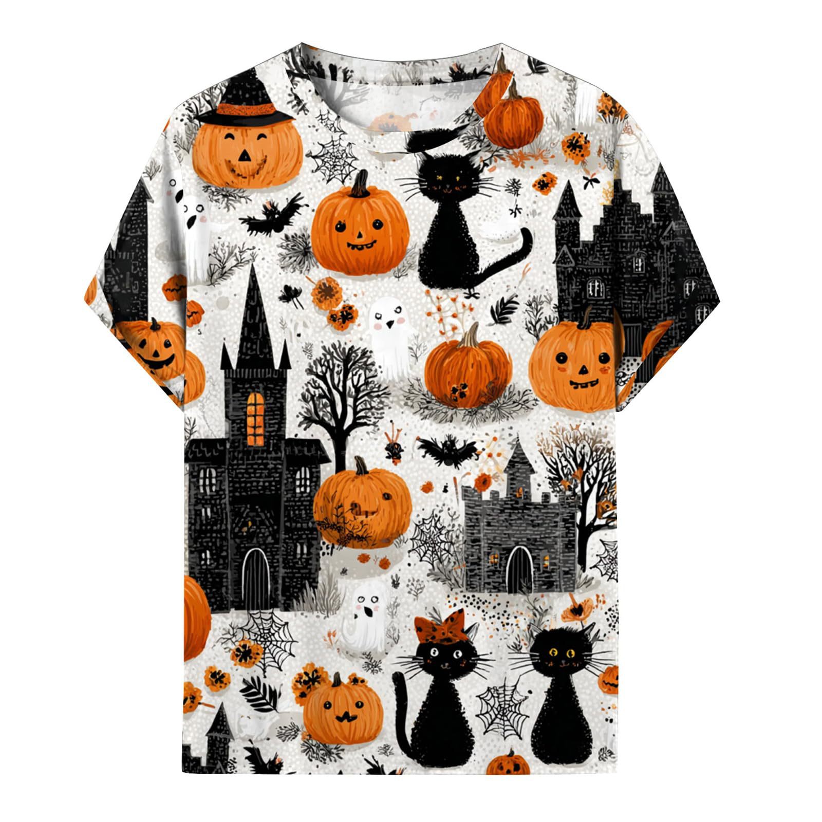 Halloween Pumpkin Cat Print Short Sleeve Crew Neck Top