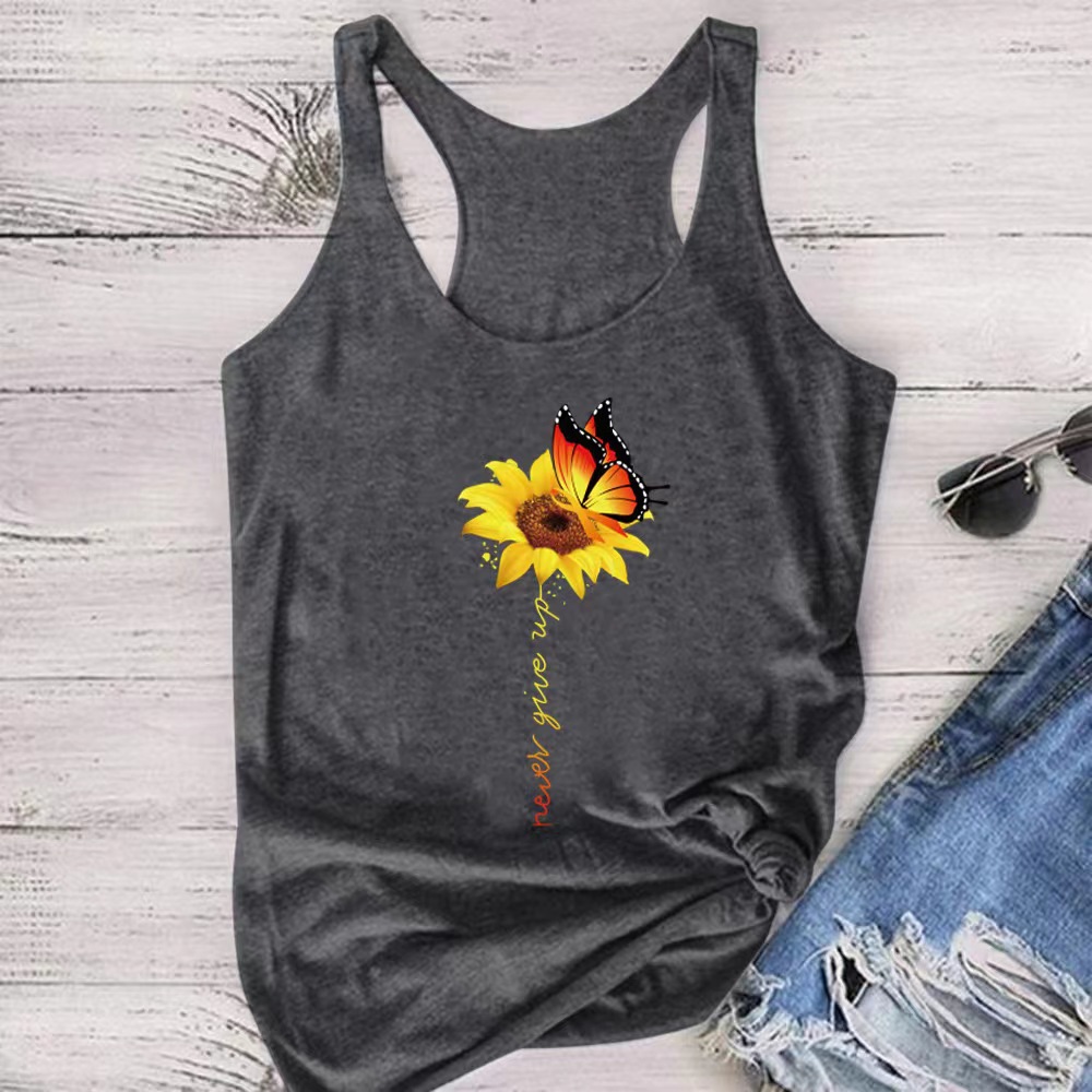 Dragonfly Print Round Neck Sleeveless Tank Top