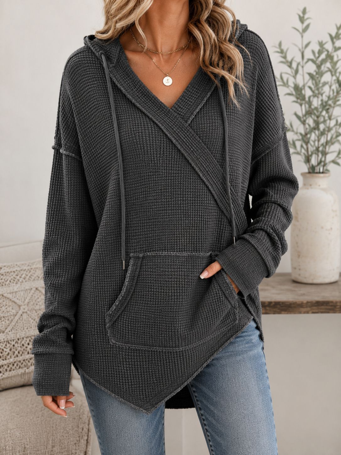 Waffle Knit Drawstring Hoodie Casual Pullover