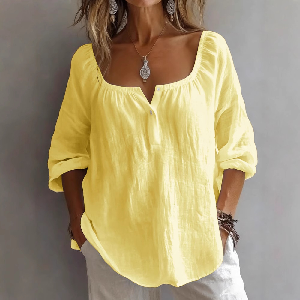 Women's Casual V-Neck Long Sleeve Loose Solid Pullover T-Shirt