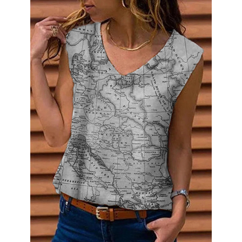 Women's Sleeveless Map Print V-Neck Tank Top