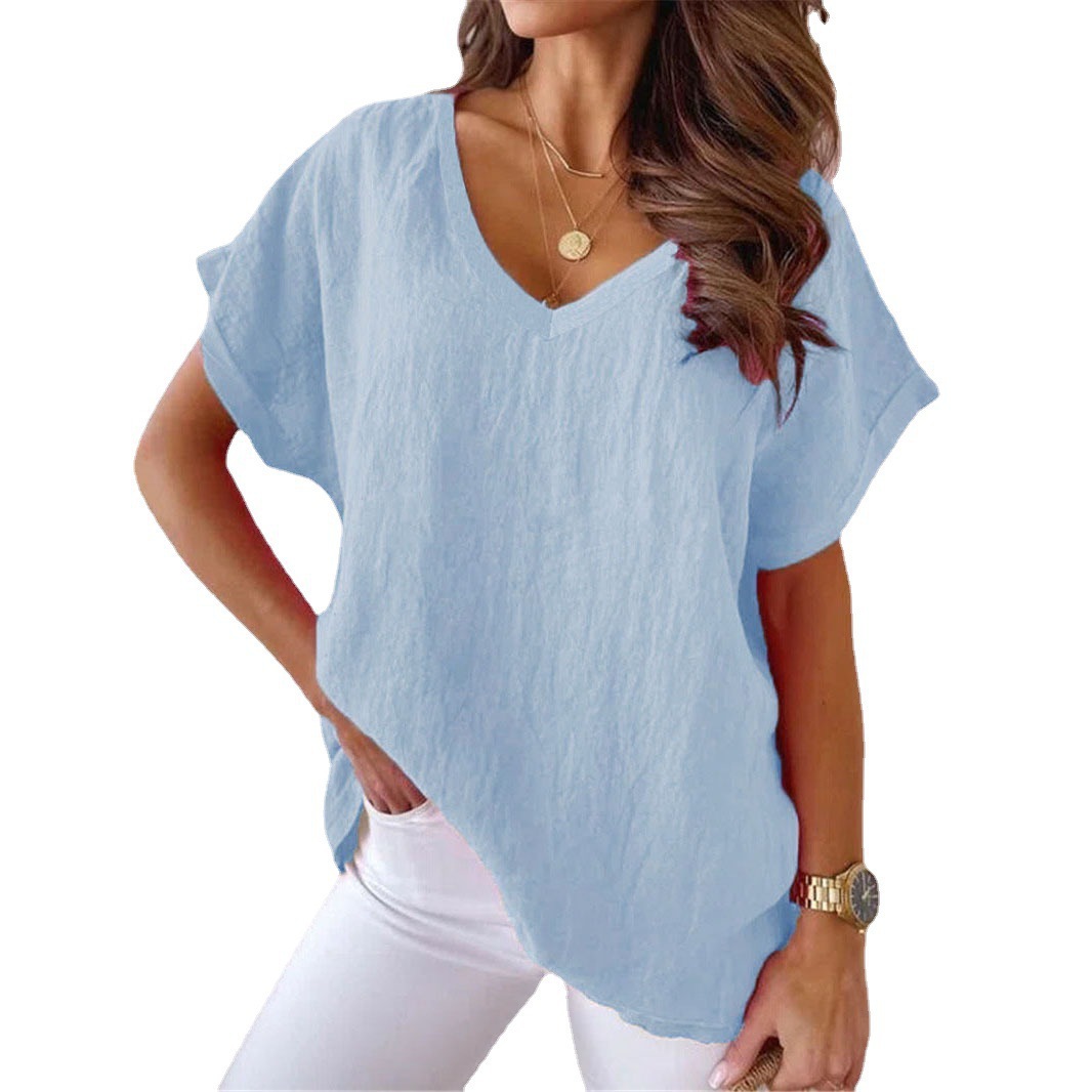 Batwing Short Sleeve V-Neck Solid Cotton Linen T-Shirt Casual Women's Top
