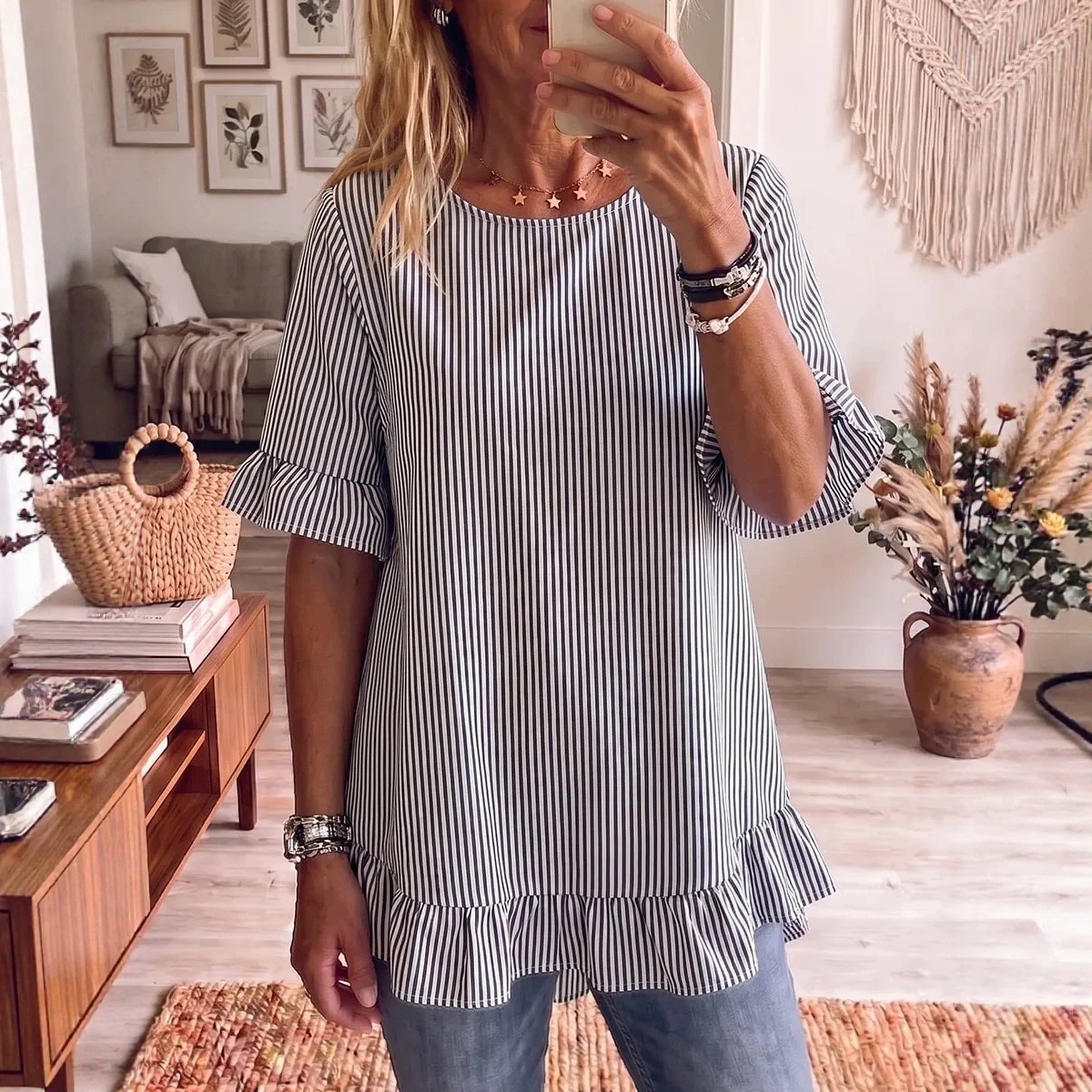 Women's Striped Ruffle Half-Sleeve Loose Casual Shirt