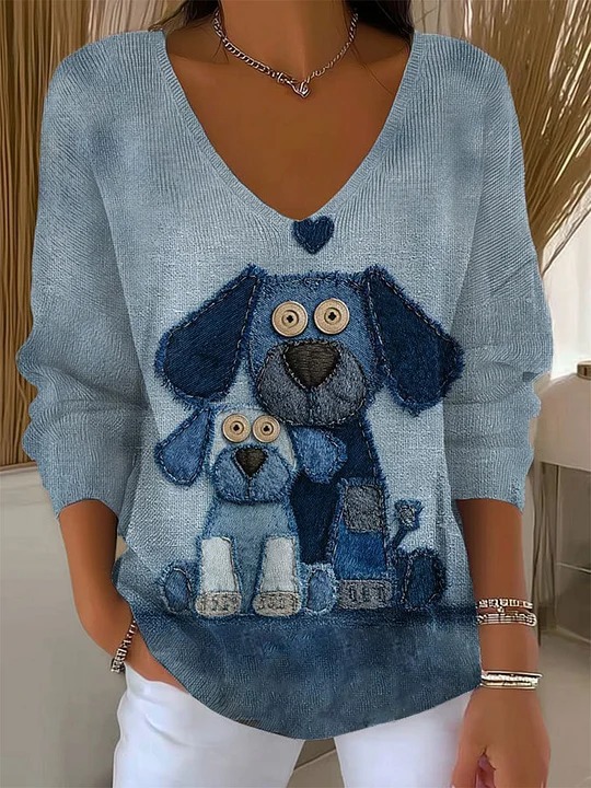 Cute Cartoon Puppy Print V-Neck Long-Sleeve Women's T-Shirt