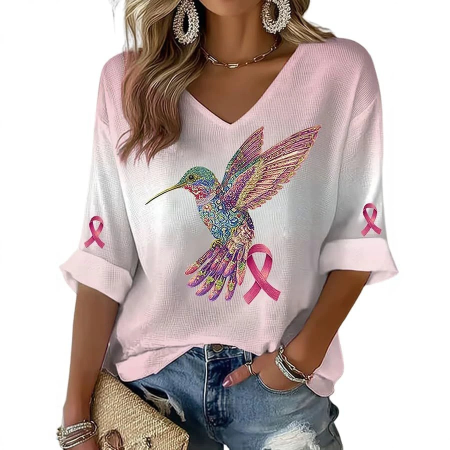 Women's Bird Sparrow Ribbon Print V-Neck Half-Sleeve T-Shirt