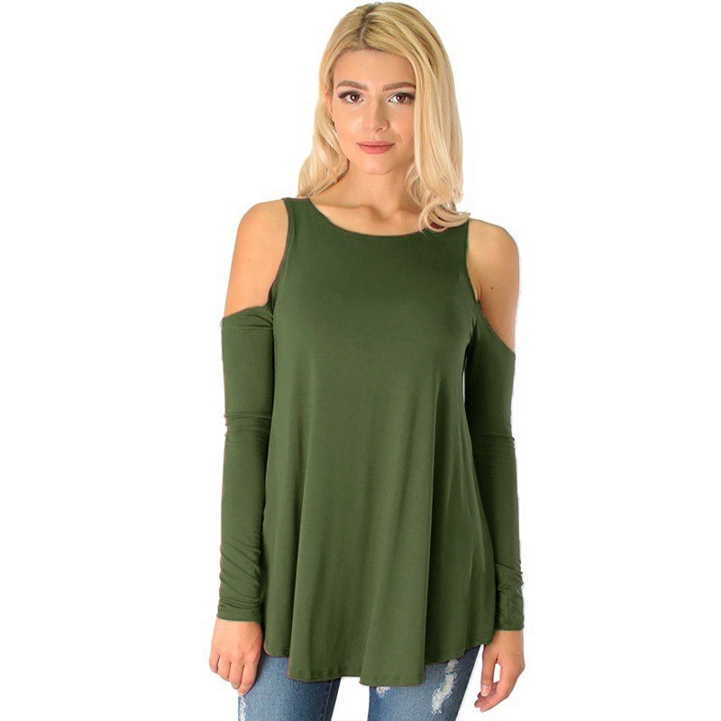 Women's Off-Shoulder Long-Sleeve Solid Color Loose Fit T-Shirt Plus Size