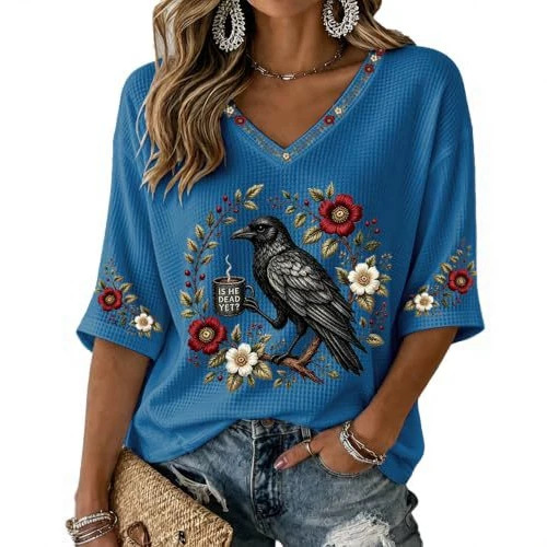 Bird & Crow Floral Print V-Neck Half-Sleeve T-Shirt