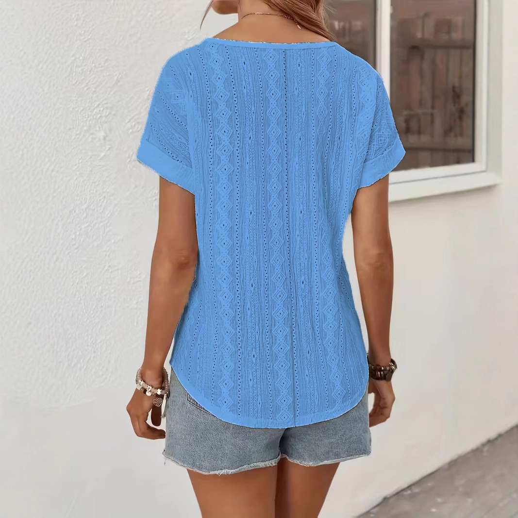 Women's Color-Block V-Neck Hollow-Out Knit Short-Sleeve Top with Rolled Cuffs