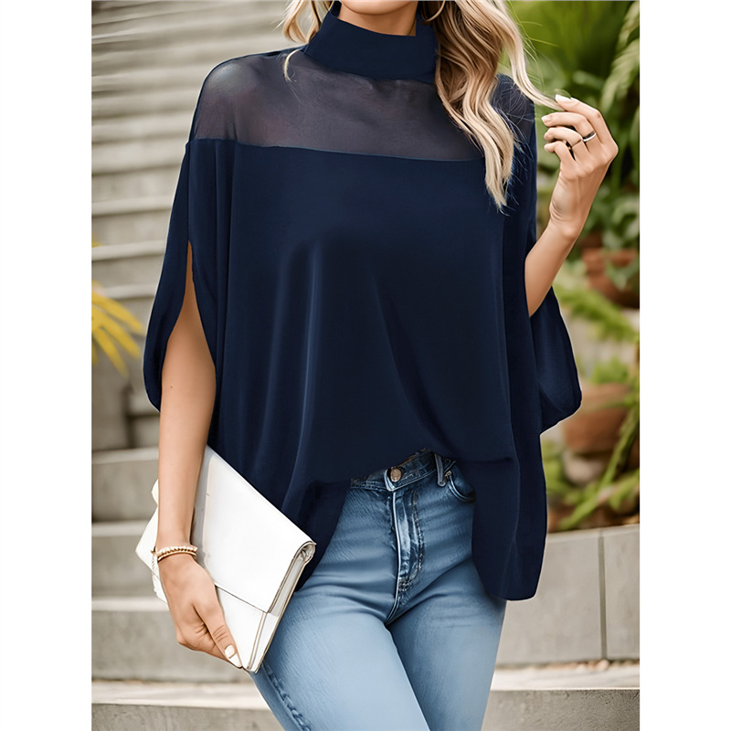 Women's Sheer Mesh Off-Shoulder High-Neck Top with Batwing Sleeves