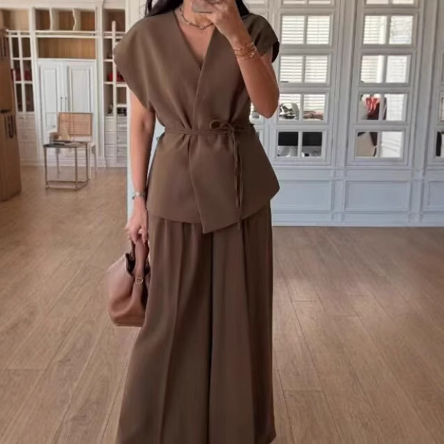 Women's Side-Tie Top & Wide-Leg Pants Set