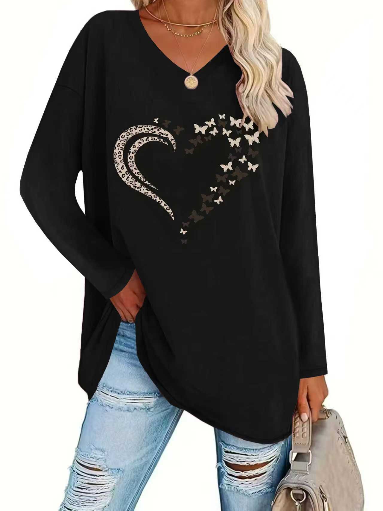 Women's Leopard Heart Butterfly Print Loose V-Neck Long Sleeve Top