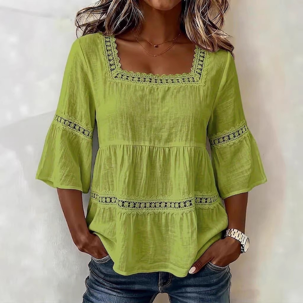 Women's Square Neck Cotton-Linen Lace Trim 3/4 Sleeve Top