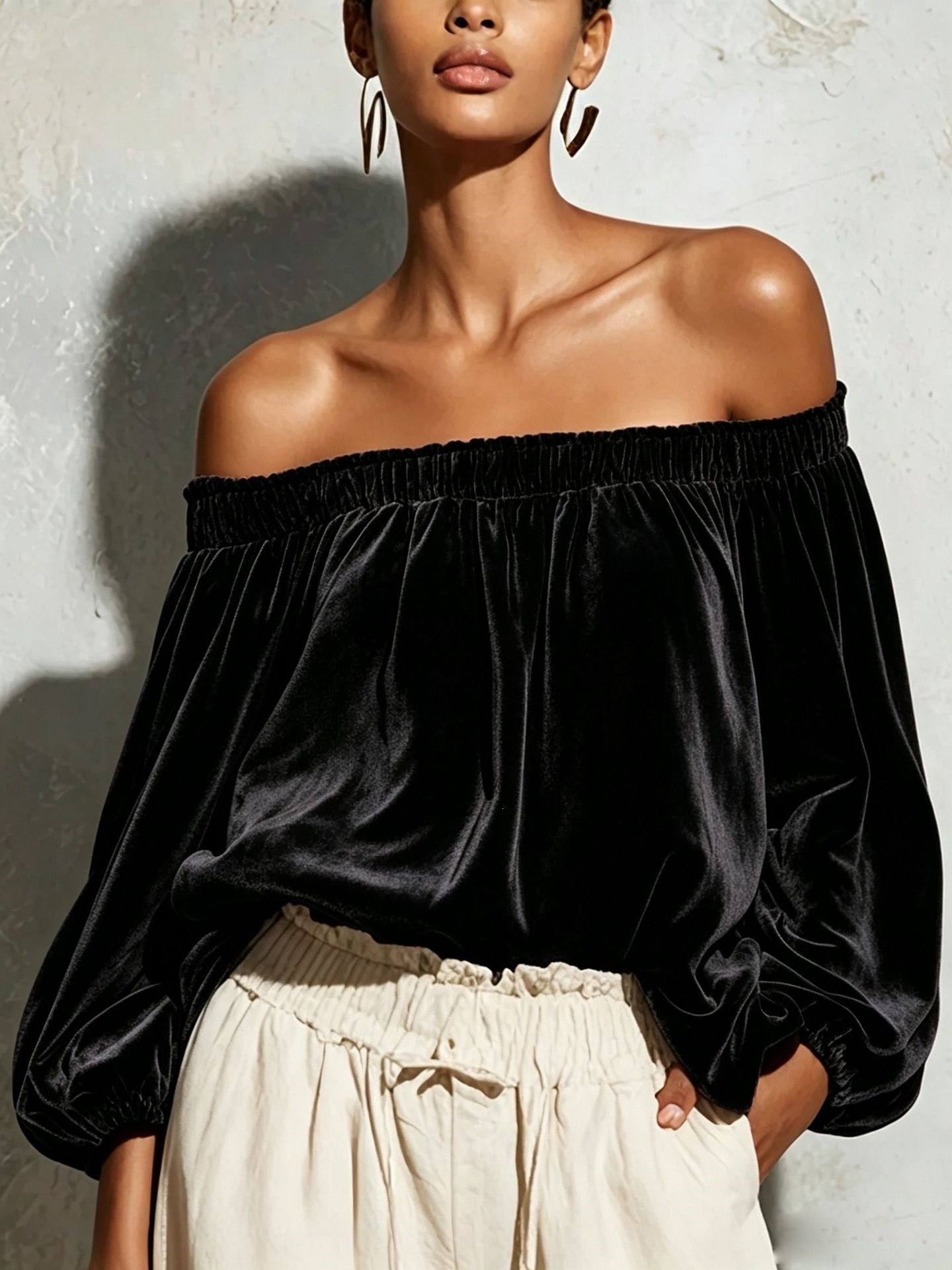 Velvet Off-Shoulder Top with Lantern Sleeves