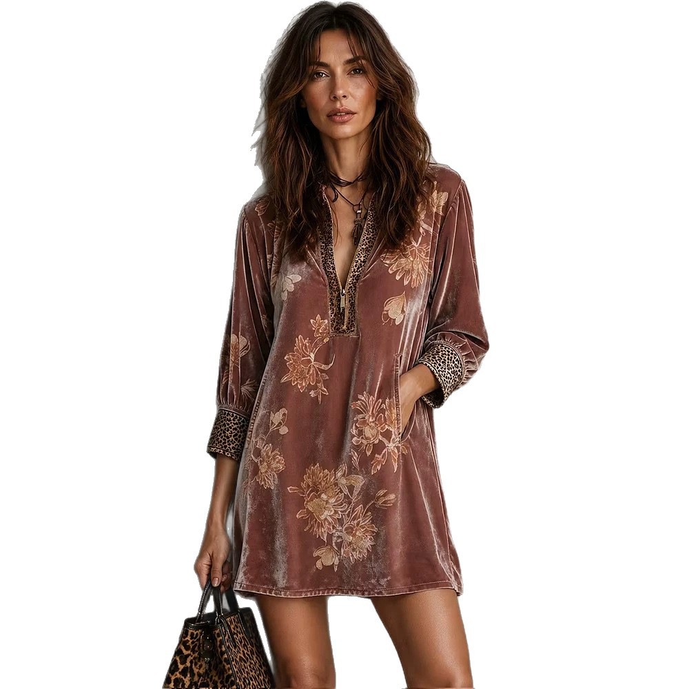 Women's Korean Velvet Print V-Neck Long-Sleeve T-Shirt