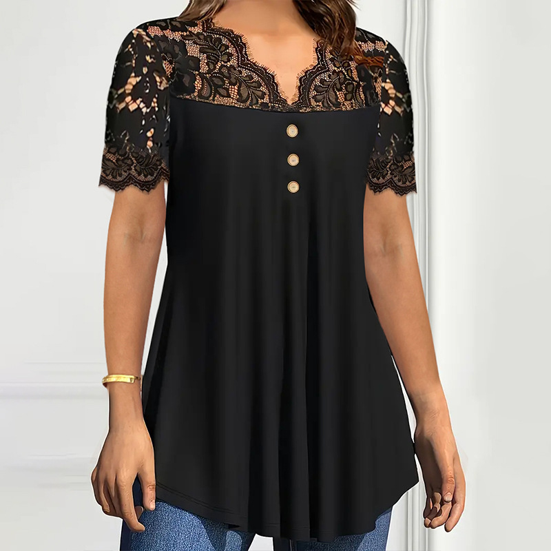 Women's Black Lace Short Sleeve Blouse Casual Chiffon Shirt