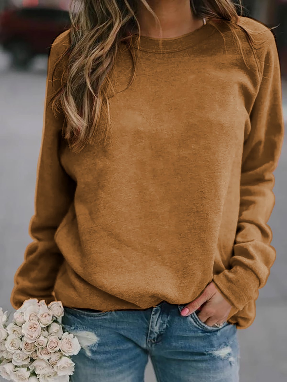 Women's Long Sleeve Crewneck T-Shirt Solid Color Loose Fit Top