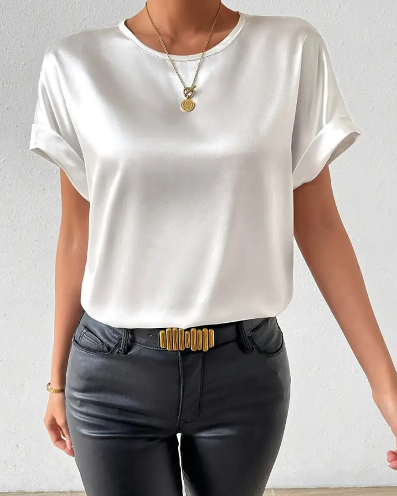 Women's Elegant Solid Crewneck Short Sleeve Top