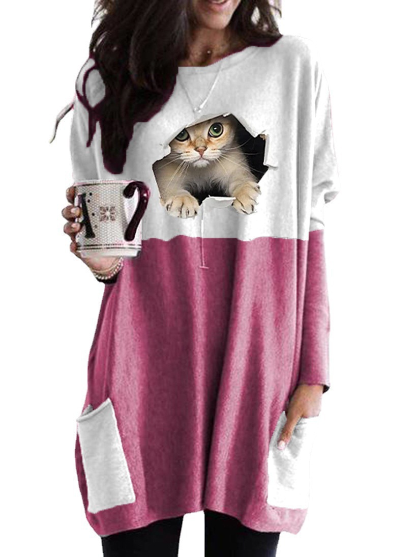 Color Block Cat Print Crewneck Long Sleeve T-Shirt for Women