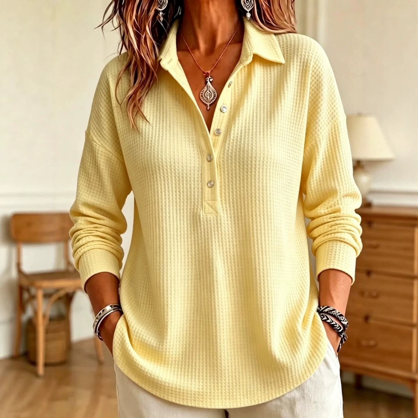 Women's Waffle Knit Collared Long Sleeve T-Shirt Loose Casual Pullover Top