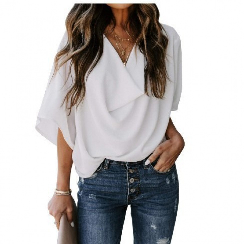 Women's Summer Chiffon V-Neck Loose Short Sleeve Top