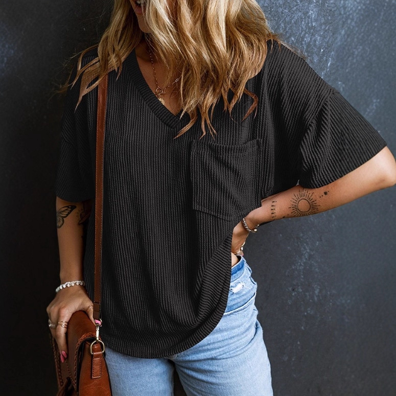 Two-Tone Twist Short Sleeve V-Neck Top