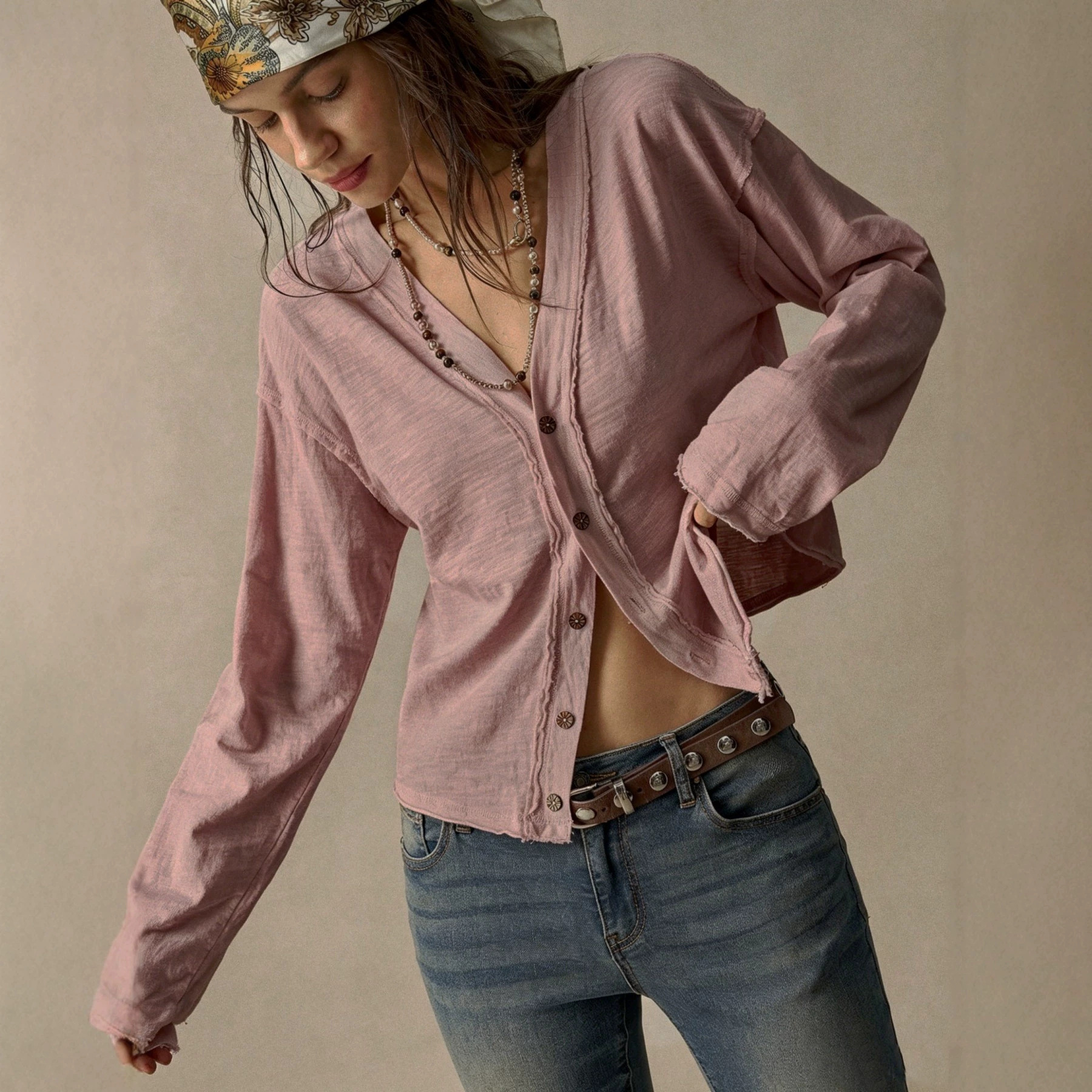 Women's Solid V-Neck Button-Front Long-Sleeve Cardigan Top Reversible Front-Back