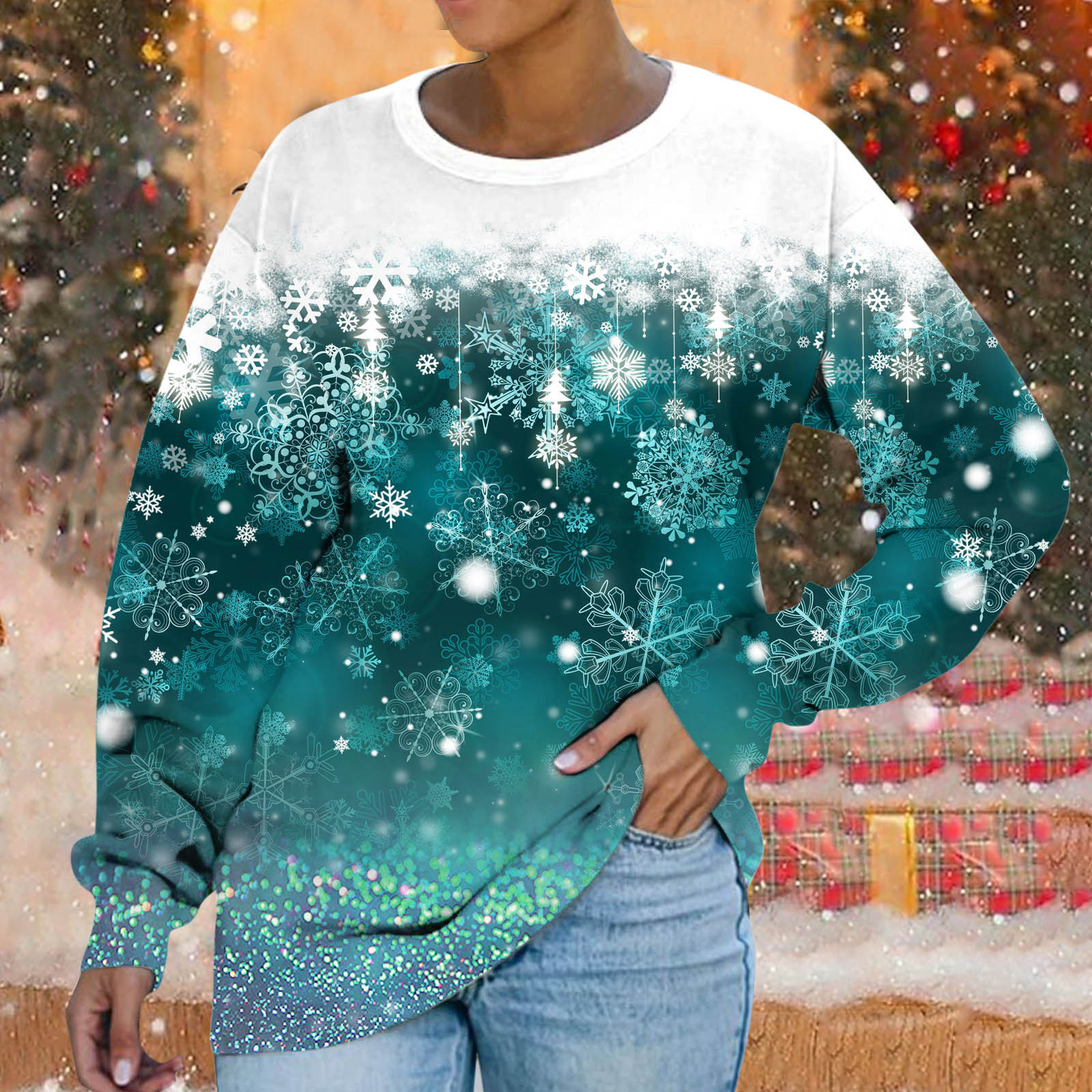 Christmas Snowflake Print Loose Crewneck Sweatshirt