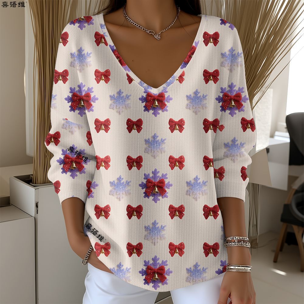 Christmas Snowman Reindeer Bow Print V-Neck Long Sleeve T-Shirt